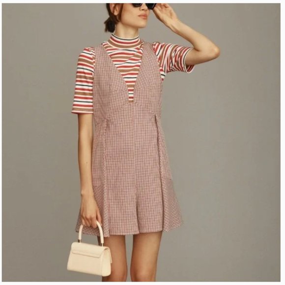 Anthropologie Pants - SOLD Anthropologie Mare Mare Houndstooth Tweed Romper NWT in Red & Black Large